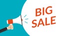 Big sale banner, poster or flyer concept with hand is holding a megaphone or loud speaker. Sale, discount, promotion Royalty Free Stock Photo